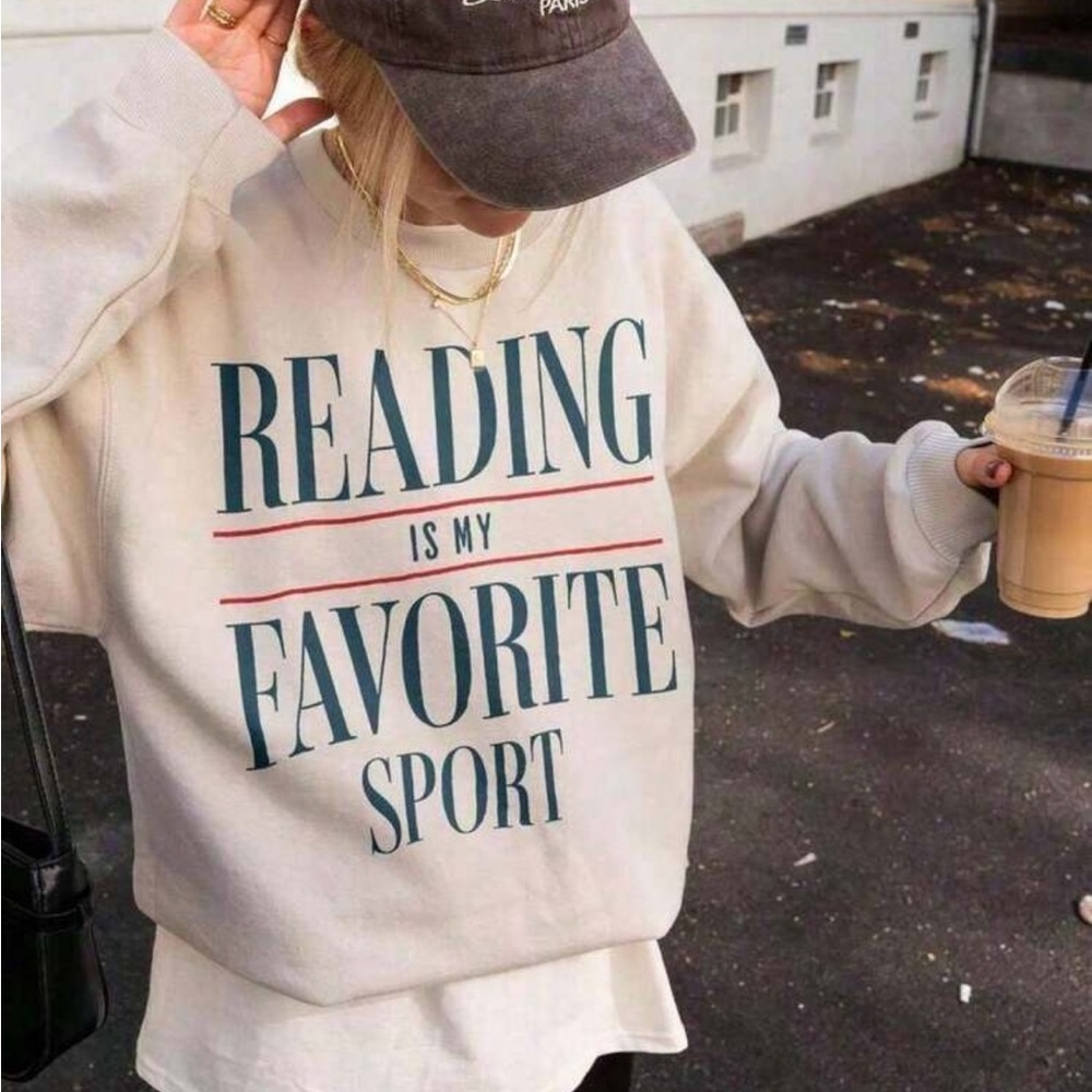 Cream Graphic Sweatshirt - "Reading Is My Favorite Sport"